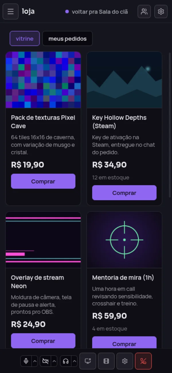 Kraked no celular: a vitrine da loja em duas colunas, com produtos e o botão Comprar