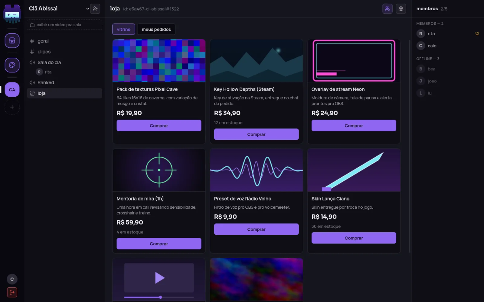 Vitrine do Kraked num canal do servidor Clã Abissal: oito produtos com imagem, preço e botão Comprar, como pack de texturas, key de jogo, overlay de stream e mentoria de mira