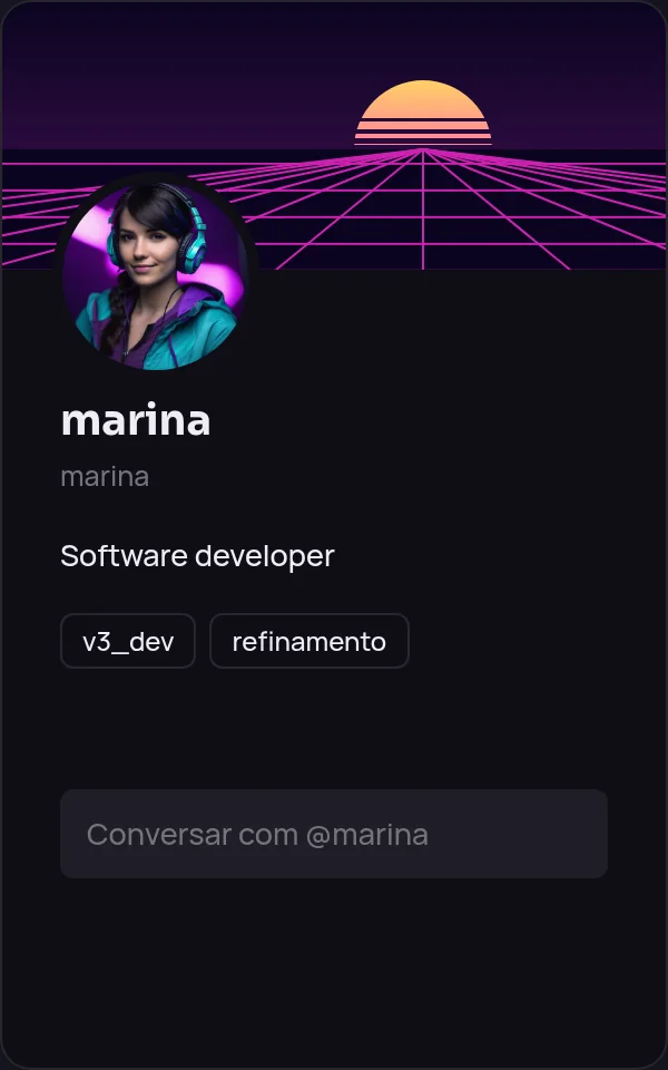 Cartão de perfil da marina com a capa Synthwave: um sol se pondo sobre uma grade neon, atrás da foto