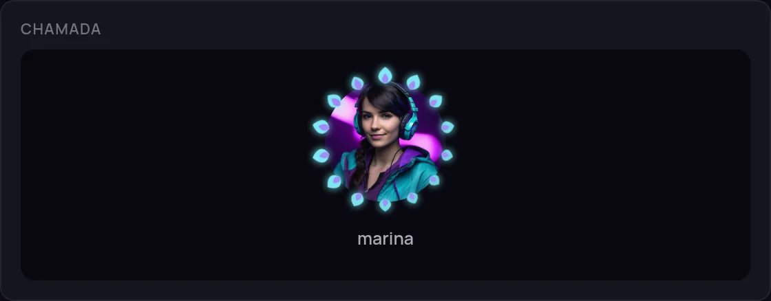 Quadro da chamada com a foto da marina rodeada de chamas ciano e lilás que acendem com a voz