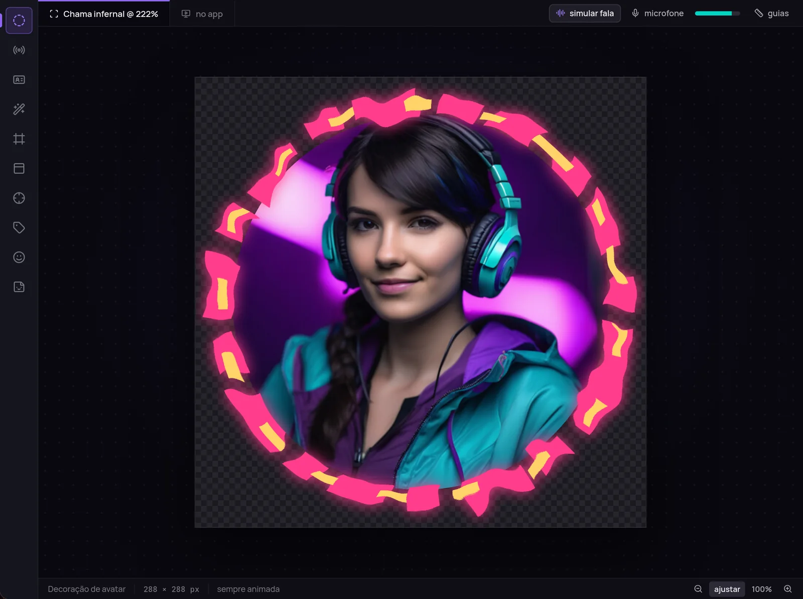 Kraked Studio editando uma decoração de avatar: a barra de formatos à esquerda e, na prancheta, a moldura Chama infernal em rosa e amarelo em volta da foto de uma jogadora de fone