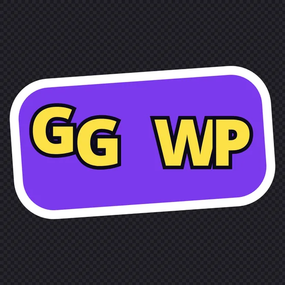 Figurinha Letreiro com o texto GG WP em amarelo sobre uma placa roxa