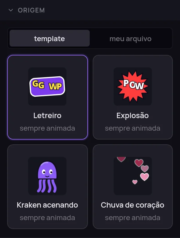 Galeria de modelos de figurinha: Letreiro, Explosão, Kraken acenando e Chuva de coração
