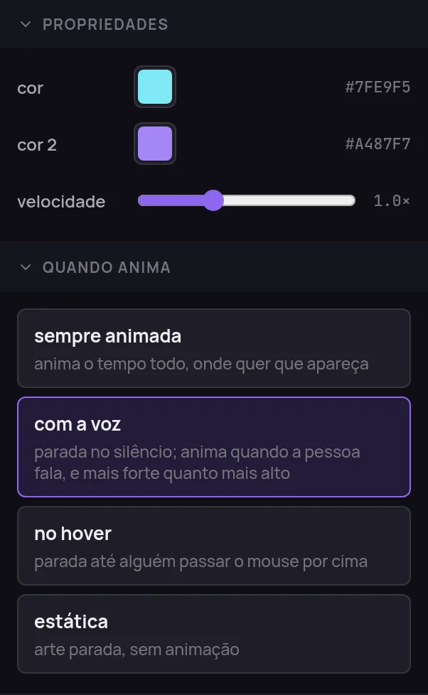 Painéis do Studio: cor, cor 2 e velocidade, e as quatro opções de quando a arte anima, com a voz selecionada